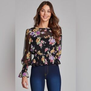 WAYF Smocked Floral Peplum Blouse — Romantic Fall Sheer Puff Sleeve Top